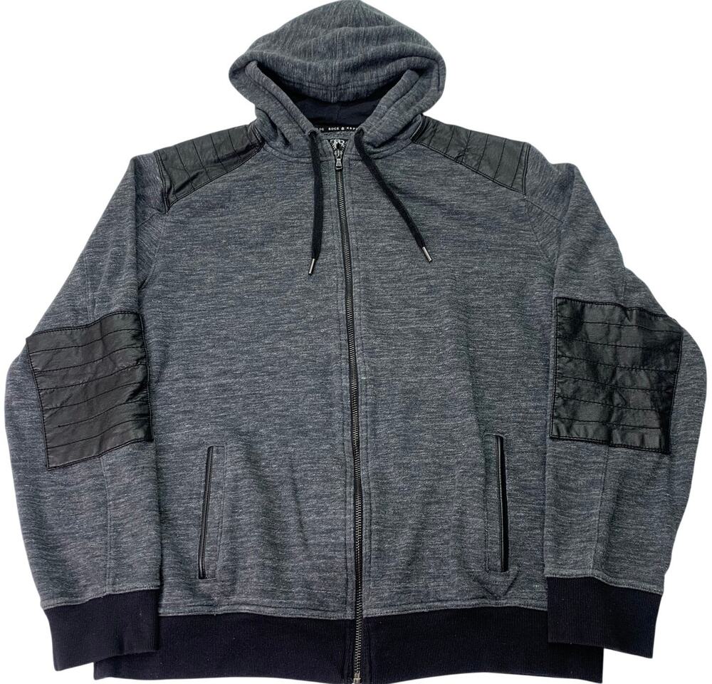 Rock & Republic Mens XL Gray Black Moto Sleeve Sweatshirt Hoodie Full Zip Jacket